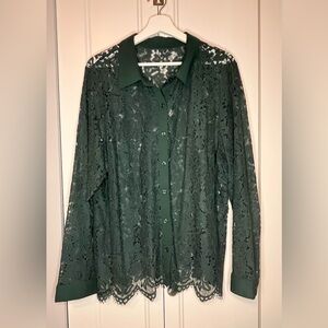 Deep Green Lace Button-Up Blouse